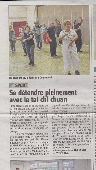 Se détendre pleinement avec le tai chi chuan : Article d'information publié dans le journal L'Union, édition de Reims le mercredi 5 octobre 2016